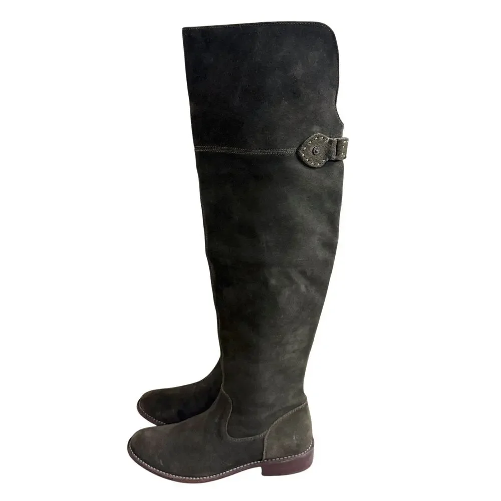Frye Moss Green Suede Over the Knee Boots Women's Size 7 EUC Pull On/Side Zip